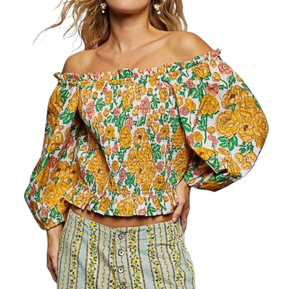 POL Women's Casual Smocked Floral Off-Shoulder Puff Sleeve Top in Yellow sz Medi
